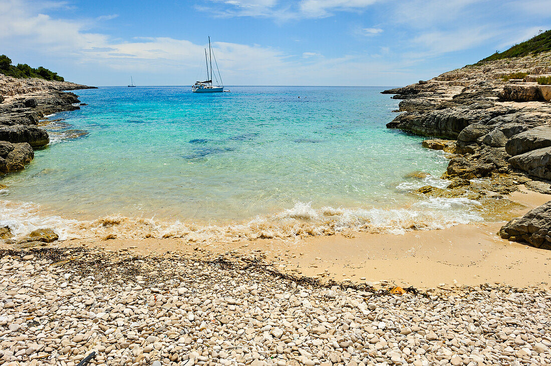 small beach of Perna inlet, Palmizana, St Clement island, Hell's Islands (Pakleni), Hvar city, Hvar island, Croatia, Southeast Europe