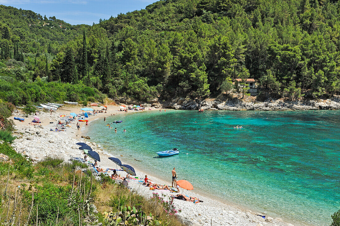 Idyllischer Strand der Bucht Pupnatska Luka, Pupnat, Insel Korcula, bei Dubrovnik, Dalmatien, Kroatien, Südosteuropa