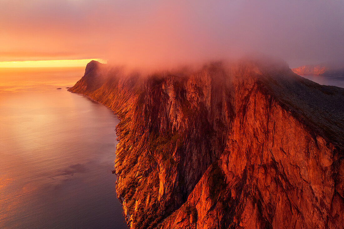  summer, aerial view, mountains, fjord, sunset, Senja, Skaland, Norway, Europe 