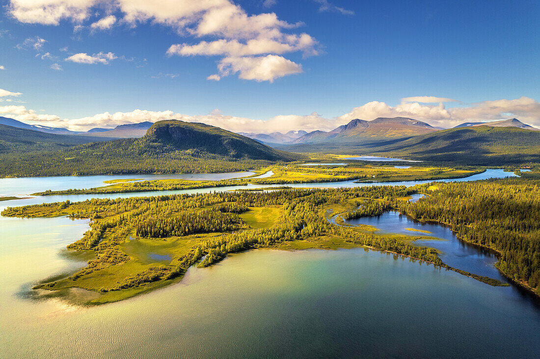  summer, aerial view, island, lake, mountains, Kvikkjokk, Lapland, Sweden, Europe 