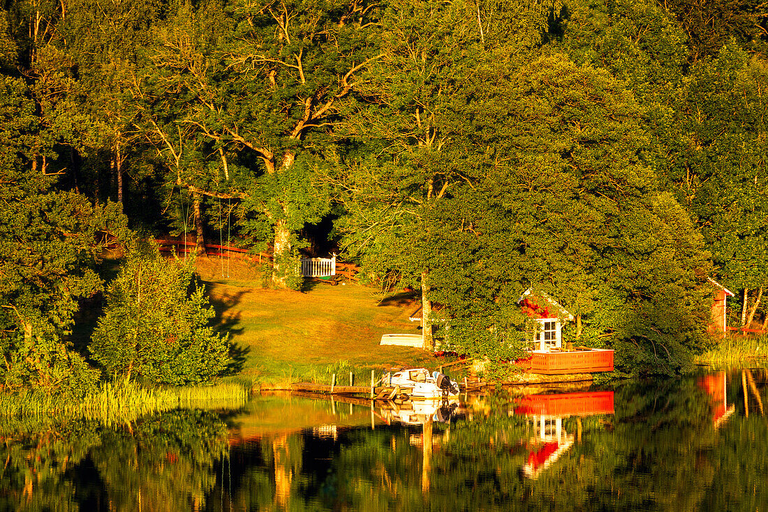  river, lake, reflection, hut, wooden hut, cabin, sunset, Sweden, Europe 