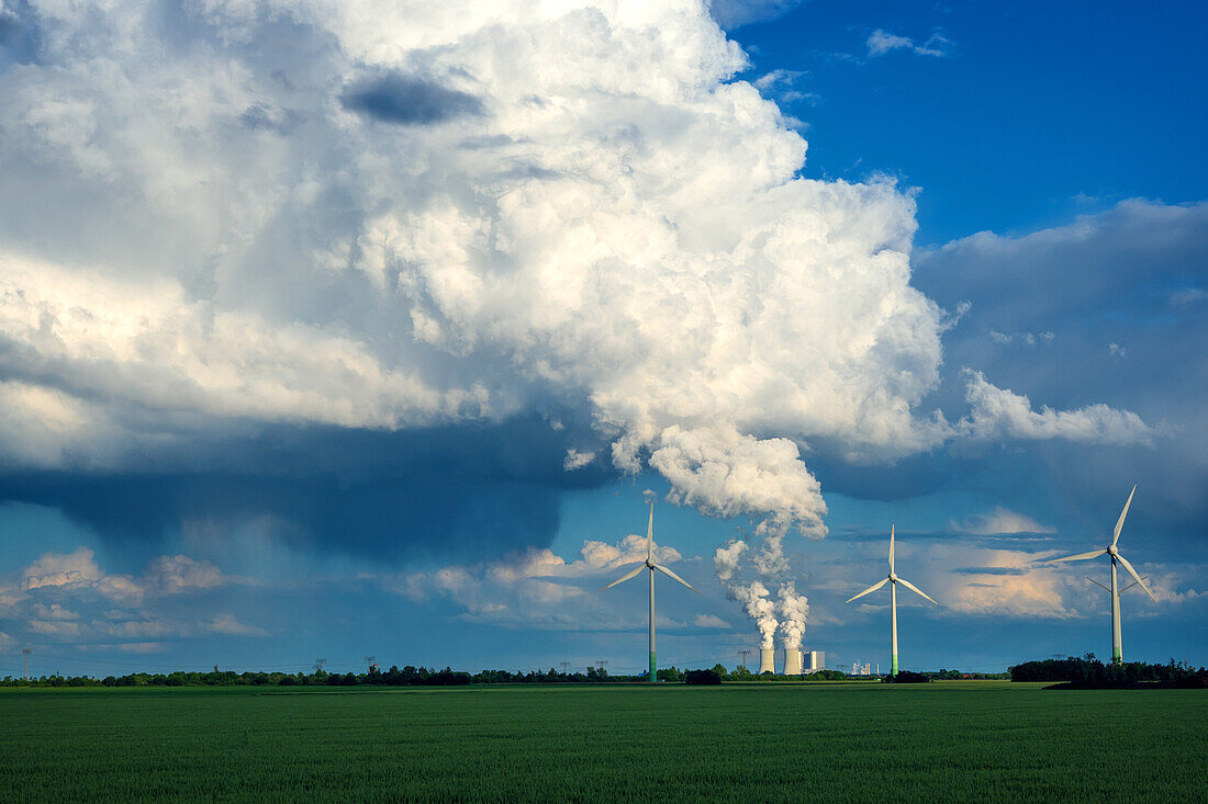  field, clouds, energy, power plant, wind turbine, Saxony, Leipzig, Germany, Europe 