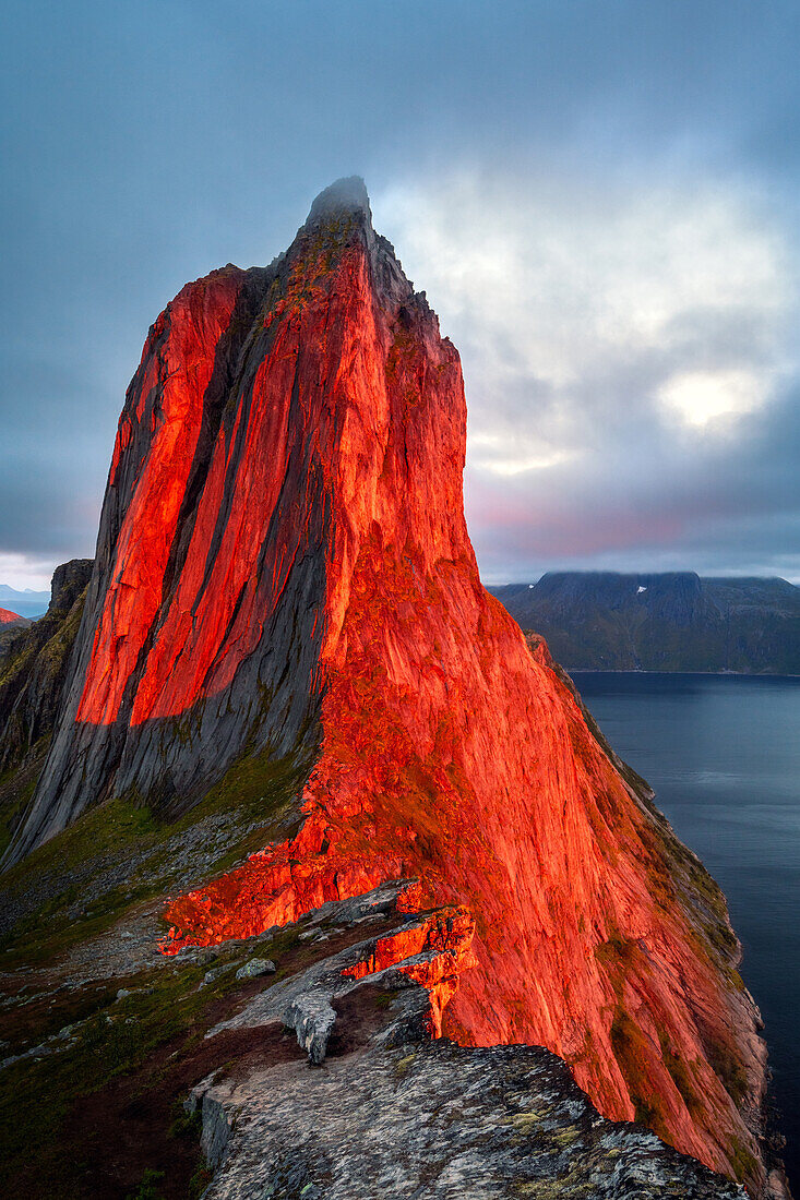  sunset, alpine glow, peaks, mountains, fjord, Segla, Senja, Skaland, Norway, Europe 