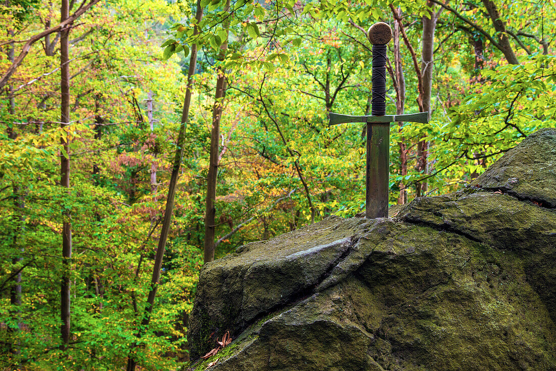  sword, rock, forest, legend, Rammeburg, South Harz, Harz, Saxony-Anhalt, Germany, Europe 