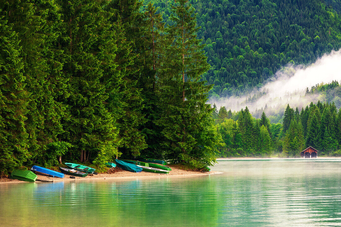 Boote, Ufer, Regen, Nebel, Walchensee, Berge, Alpen, Bayern, Deutschland, Europa