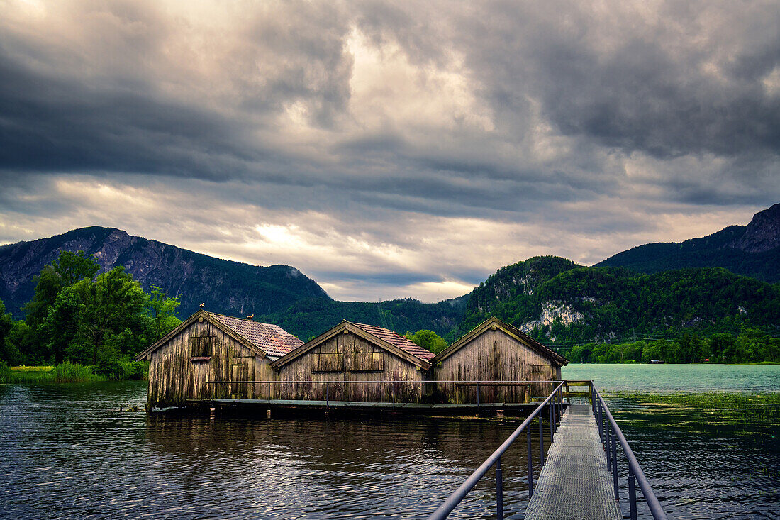  boathouse, shore, storm, jetty, Kochelsee, mountains, Alps, Bavaria, Germany, Europe 