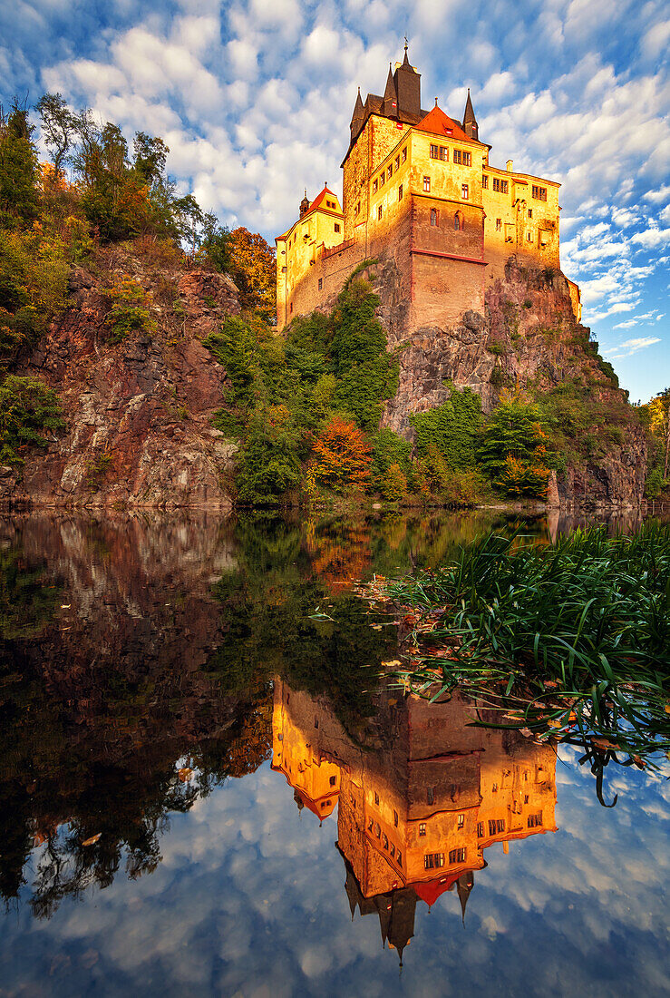  Sunset, Golden Hour, Reflection, Castle, Kriebstein, Zschopau, Saxony, Germany, Europe 