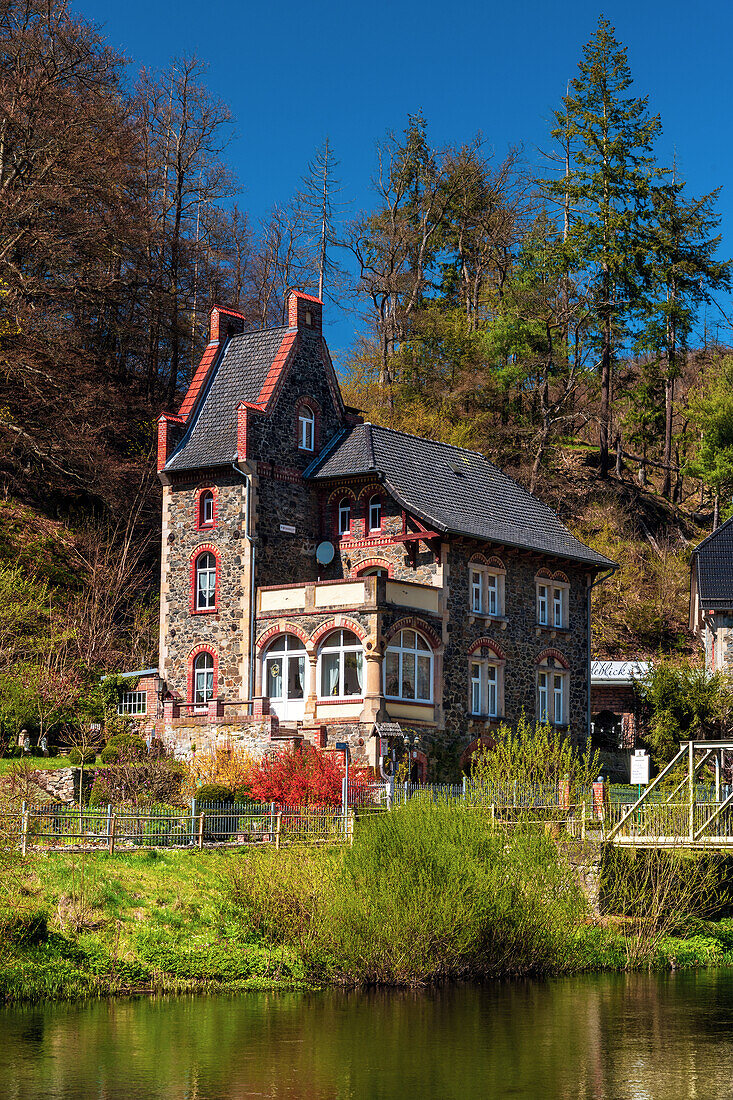  house, river, Bode, valley, gorge, Treseburg, Harz, Saxony-Anhalt, Germany, Europe 