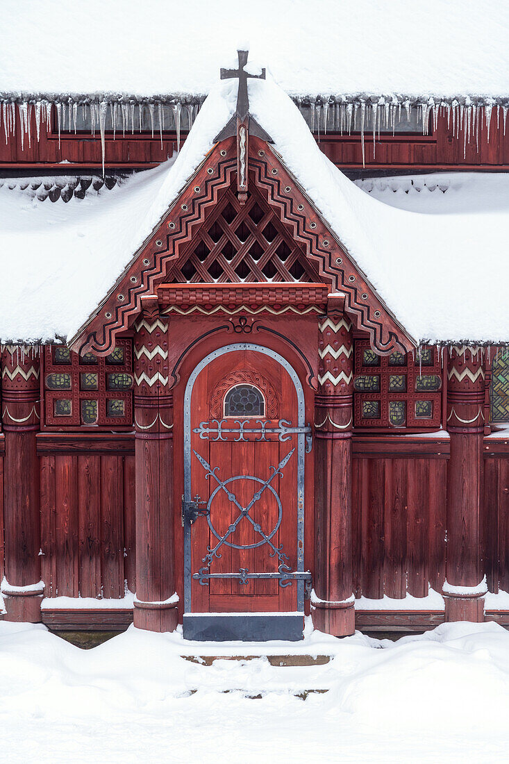 Schnee, Winter, Kirche, Holzkirche, Stabkirche, Hahnenklee, Harz, Niedersachsen, Deutschland, Europa