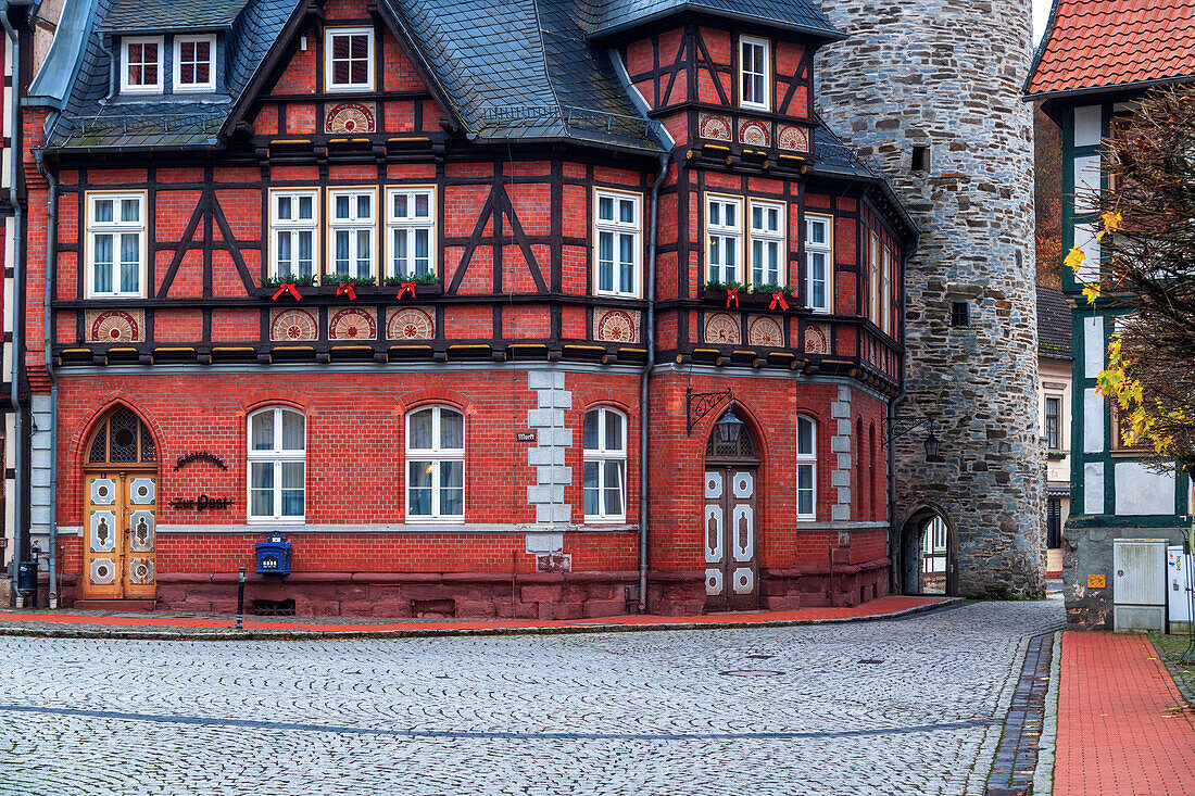  half-timbered house, chapel, street, Stolberg, Harz, Saxony-Anhalt, Germany, Europe 