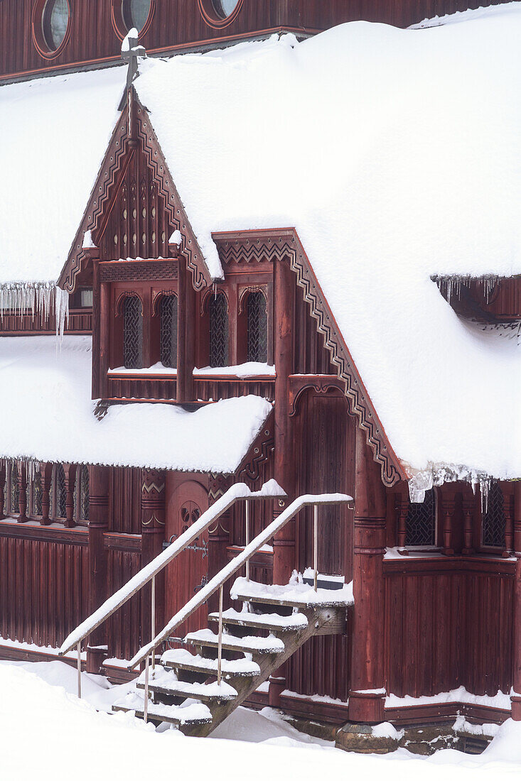  snow, winter, church, wooden church, stave church, Hahnenklee, Harz, Lower Saxony, Germany, Europe 