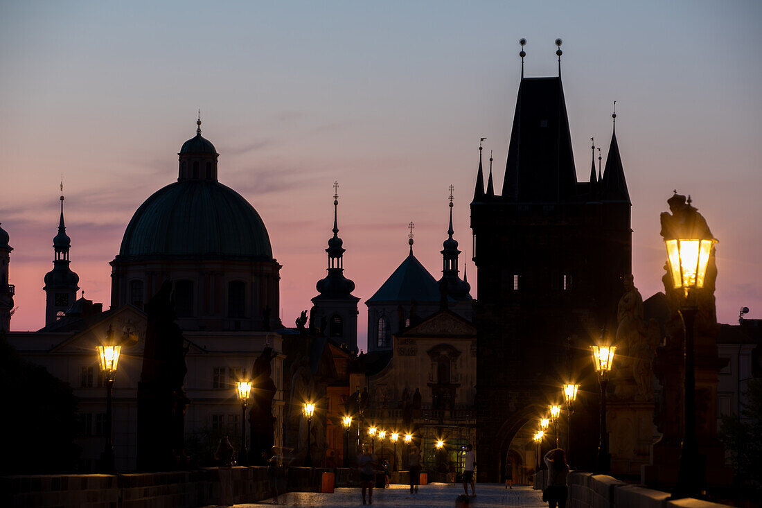  Prague skyline, On the Charles Bridge at night, Old Town of Prague, Prague, Czech Republic, Europe 