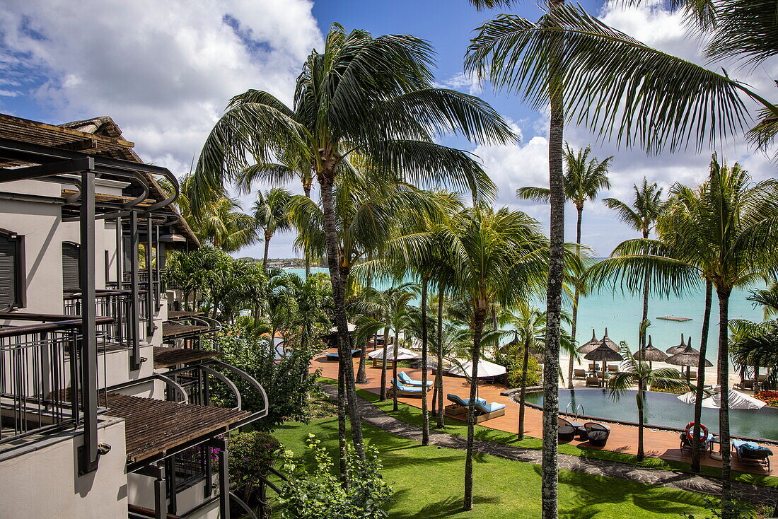  Coconut trees seen from the room at Royal Palms Beachcomber Luxury (Beachcomber Resorts), Grand Baie, Rivière du Rempart, Mauritius, Indian Ocean 