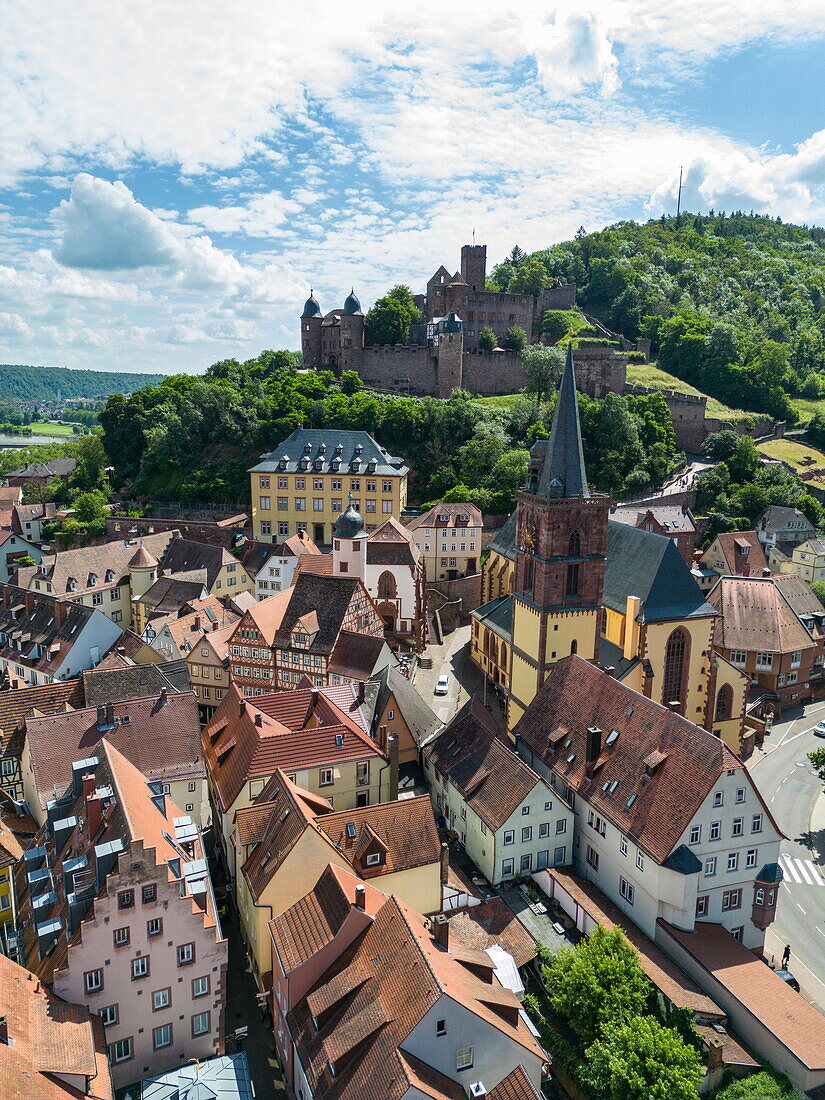  Aerial view of the old town with collegiate church and towering Wertheim Castle, Wertheim, Spessart-Mainland, Franconia, Baden-Württemberg, Germany, Europe 