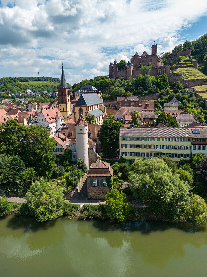  Aerial view of the Tauber river flowing gently past the old town with the Red Tower at the Faultor (Kittsteintor), the Collegiate Church and Wertheim Castle, Wertheim, Spessart mainland, Franconia, Baden-Württemberg, Germany, Europe 