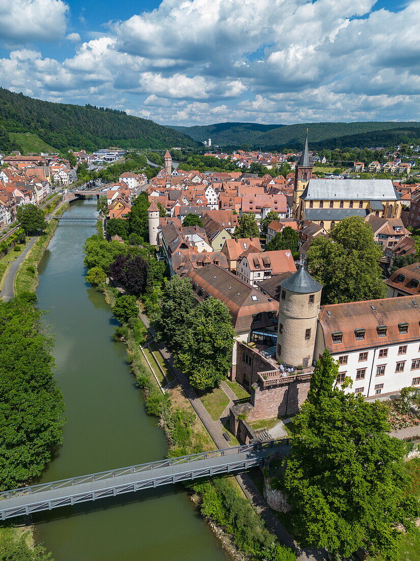  Aerial view of the Tauber river flowing gently past the old town, Wertheim, Spessart-Mainland, Franconia, Baden-Württemberg, Germany, Europe 