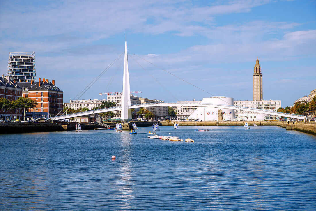  Bassin du Commerce with pedestrian bridge Passerelle de la Bourse and training boats of the sailing school, view of and rotated Alta Tower of the architectural firm Hamonic Masson 