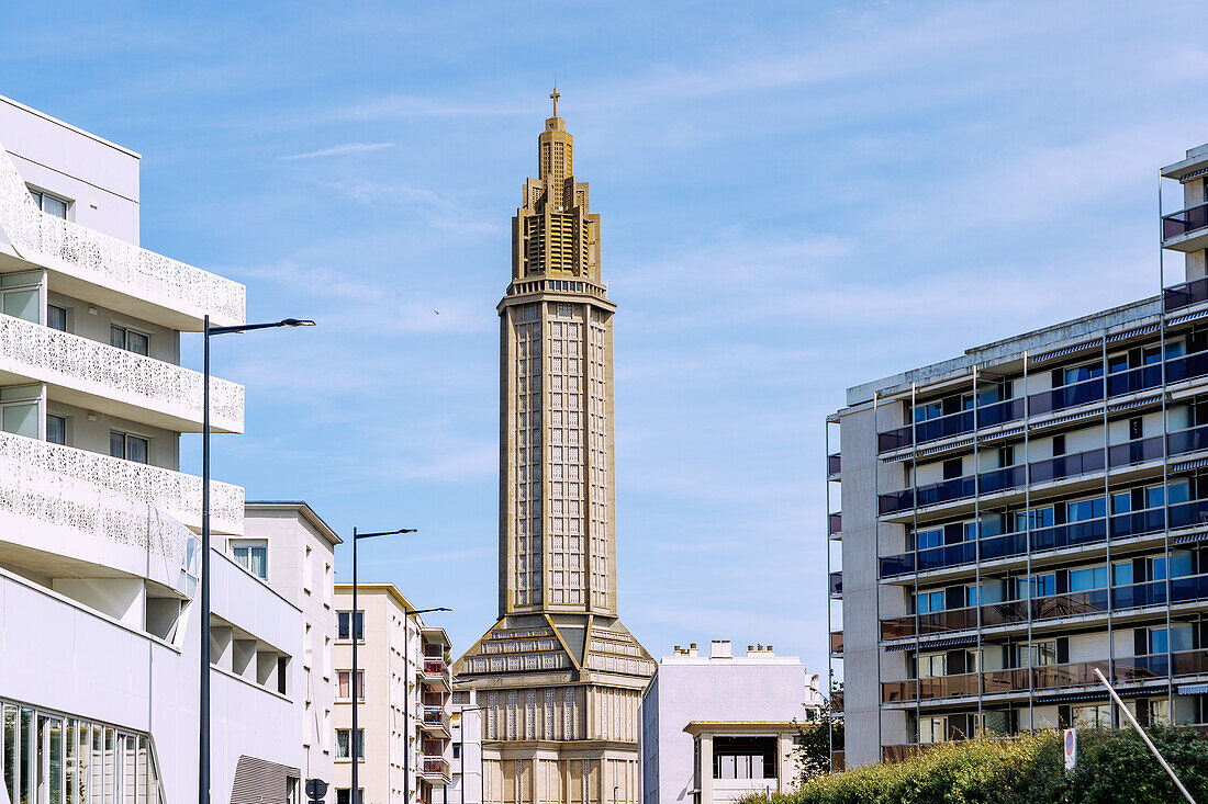  Church Église Saint-Joseph by Auguste Perret, view from Boulevard Clemenceau, in Le Havre on the Alabaster Coast (Côte d&#39;Albatre, Cote d&#39;Albatre) in the Seine-Maritime department in the Normandy region of France 