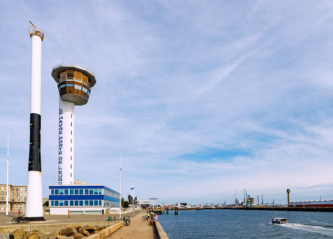  Port control tower Sémaphore (Semaphore) and harbor basin Bassin de la Manche in Le Havre on the Alabaster Coast (Côte d&#39;Albatre, Cote d&#39;Albatre) in the department of Seine-Maritime in the region of Normandy in France 