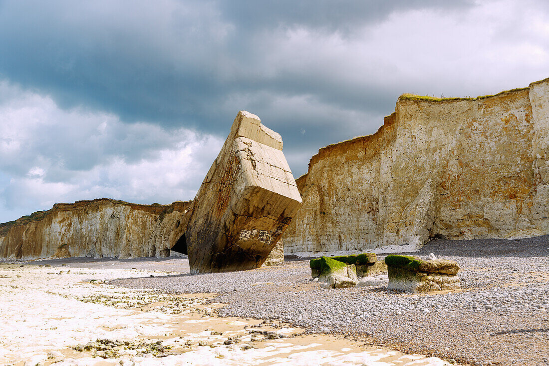  Bunker Vertical (Bunker tombé) near Sainte-Marguerite-sur-Mer, on the Alabaster Coast (Côte d&#39;Albâtre, Cote d&#39;Albatre) in the Seine-Maritime department in the Normandy region of France 