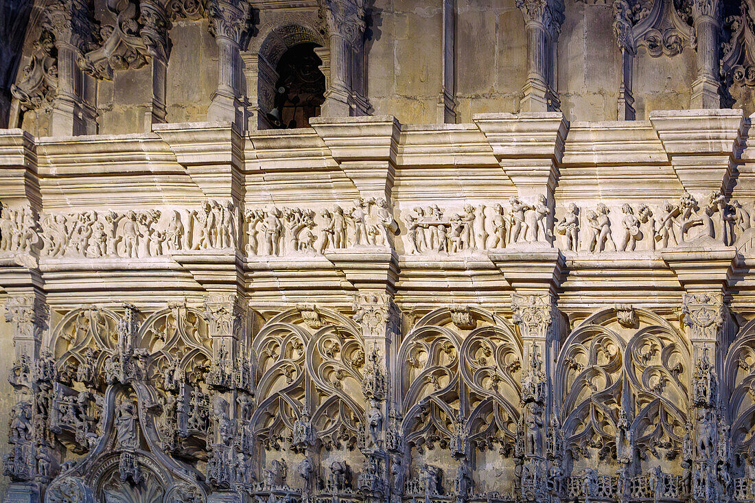  Mur du trésor (wall of the sacristy) with Frieze of the Savages (Frise des Sauvages) with bas-relief from the 16th century on sea expeditions to Asia, Africa and America and encounters with indigenous peoples in the church Saint-Jacques (St. James&#39; Church) in Dieppe on the Alabaster Coast (Côte d&#39;Albâtre, Cote d&#39;Albatre) in the Seine-Maritime department in the Normandy region of France 