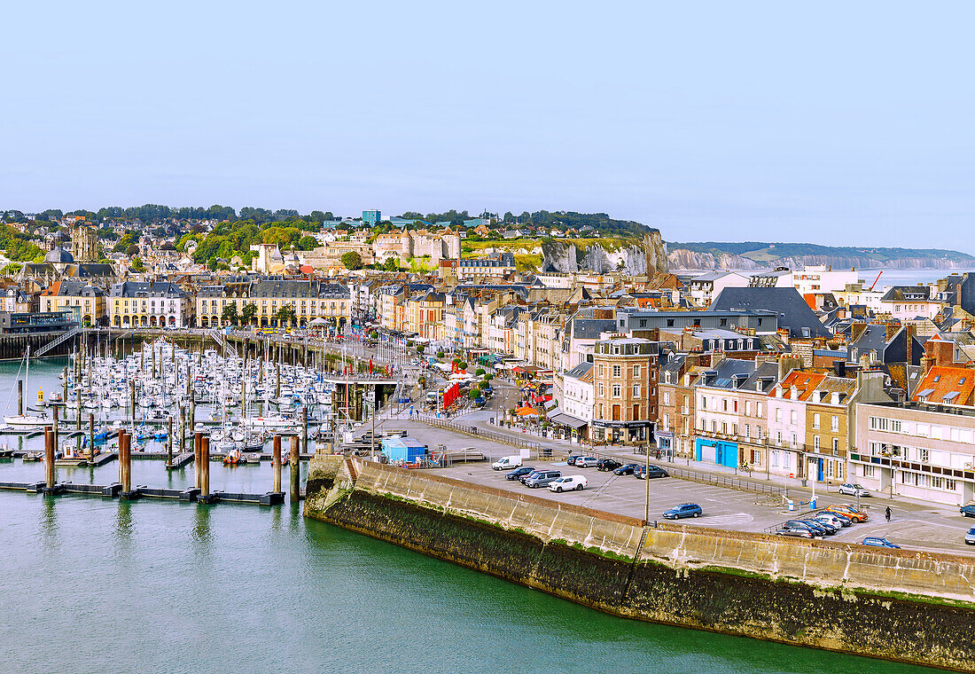  View of the Port Plaisance harbour from the Notre-Dame-de-Bonsecours pilgrimage chapel in Dieppe on the Alabaster Coast (Côte d&#39;Albâtre, Cote d&#39;Albatre) in the Seine-Maritime department in the Normandy region of France 