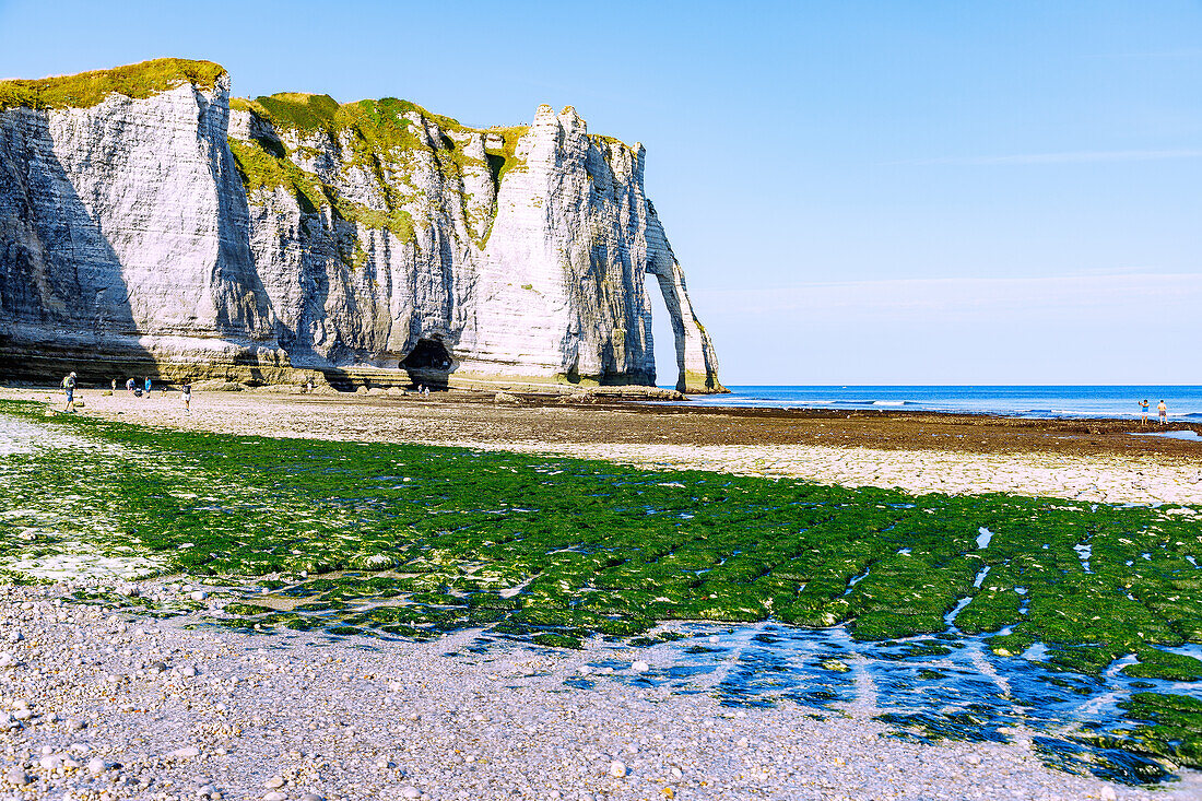 Felsentor La Porte d'Aval bei Ebbe in Etretat (Étretat) an der Alabasterküste (Côte d'Albâtre, Cote d'Albatre) im Département Seine-Maritime in der Region Normandie in Frankreich