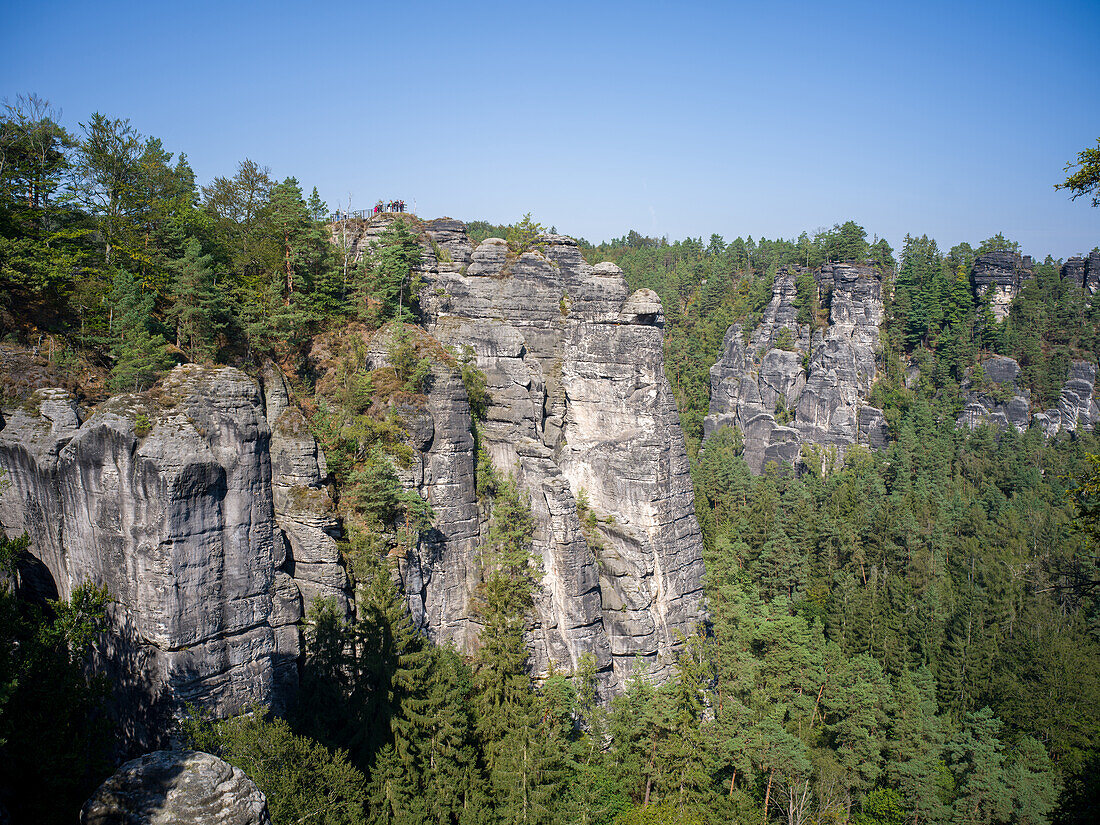  View from the Bastei Bridge to the Ferdinandstein, Bastei, Saxon Switzerland, Elbe Sandstone Mountains, Saxony, Germany, Europe  