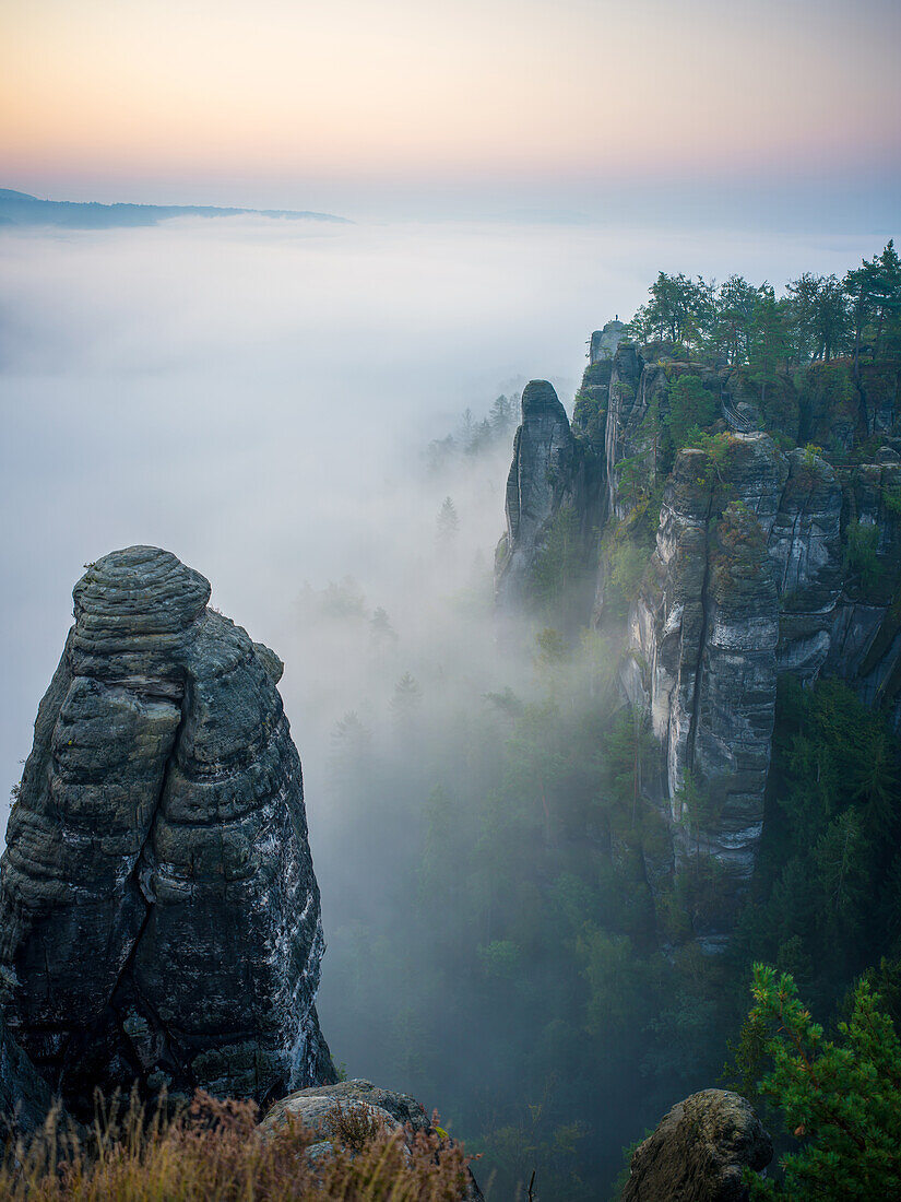  View from the Ferdinandstein to the Neurathen rock castle at sunrise, Bastei, Saxon Switzerland, Elbe Sandstone Mountains, Saxony, Germany, Europe 