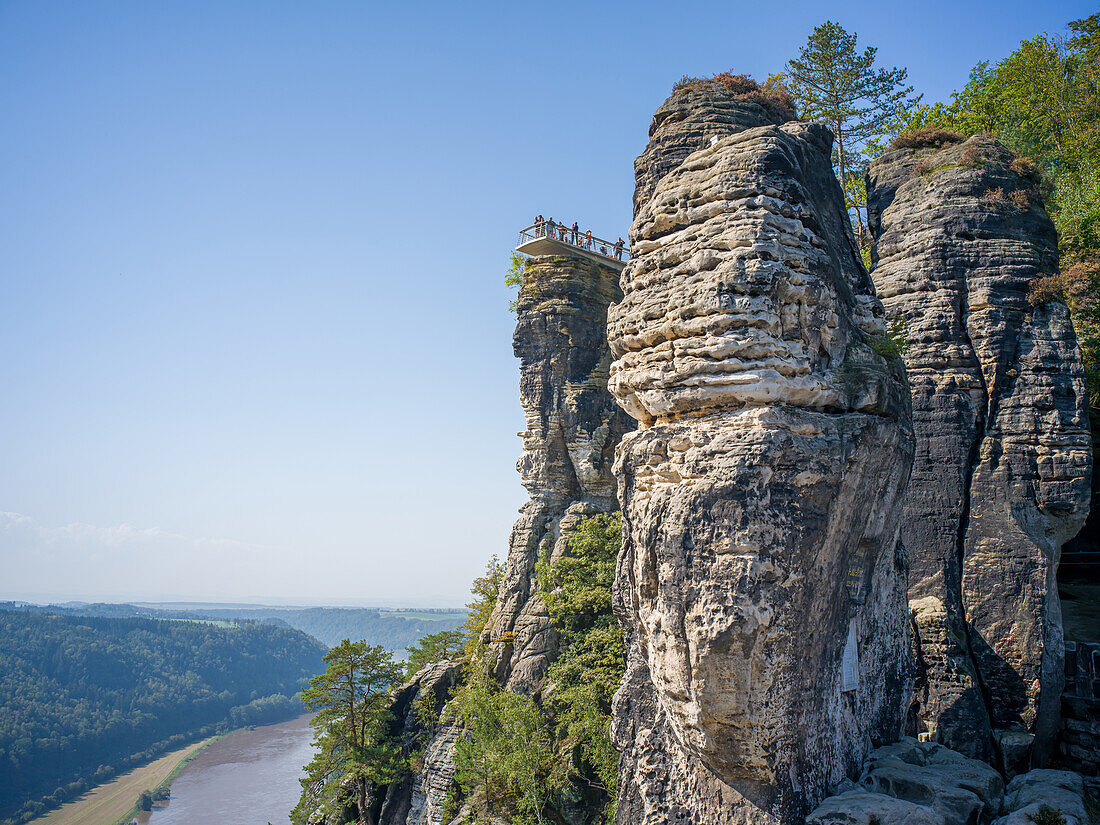  View of the Bastei Skywalk and the Elbe, Bastei, Saxon Switzerland, Elbe Sandstone Mountains, Saxony, Germany, Europe 