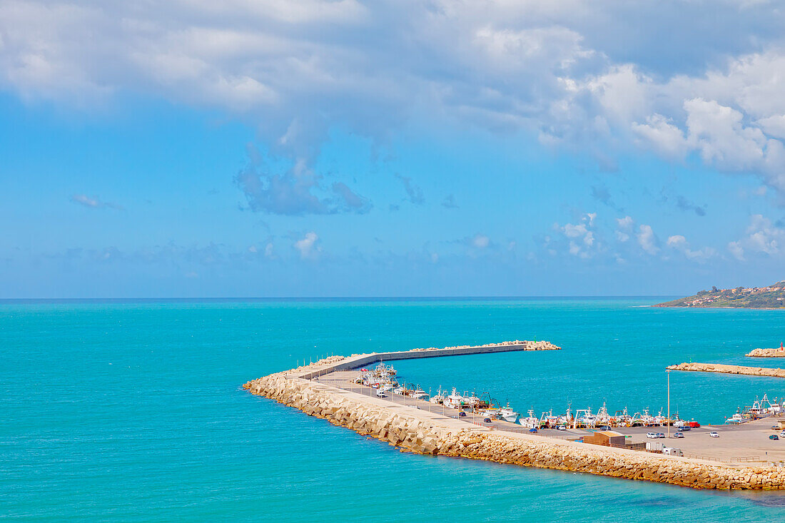 Sciacca harbour and coastline, elevated view, Sciacca, Agrigento district, Sicily, Italy