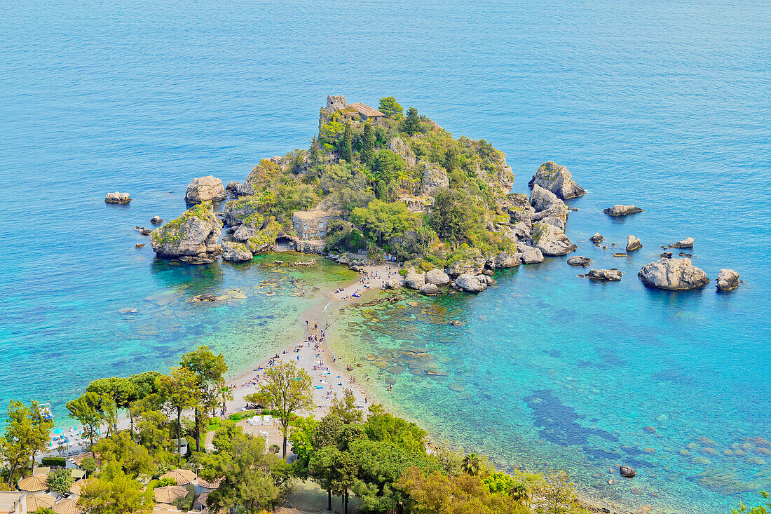  Isola Bella, erhöhte Ansicht, Taormina, Sizilien, Italien 