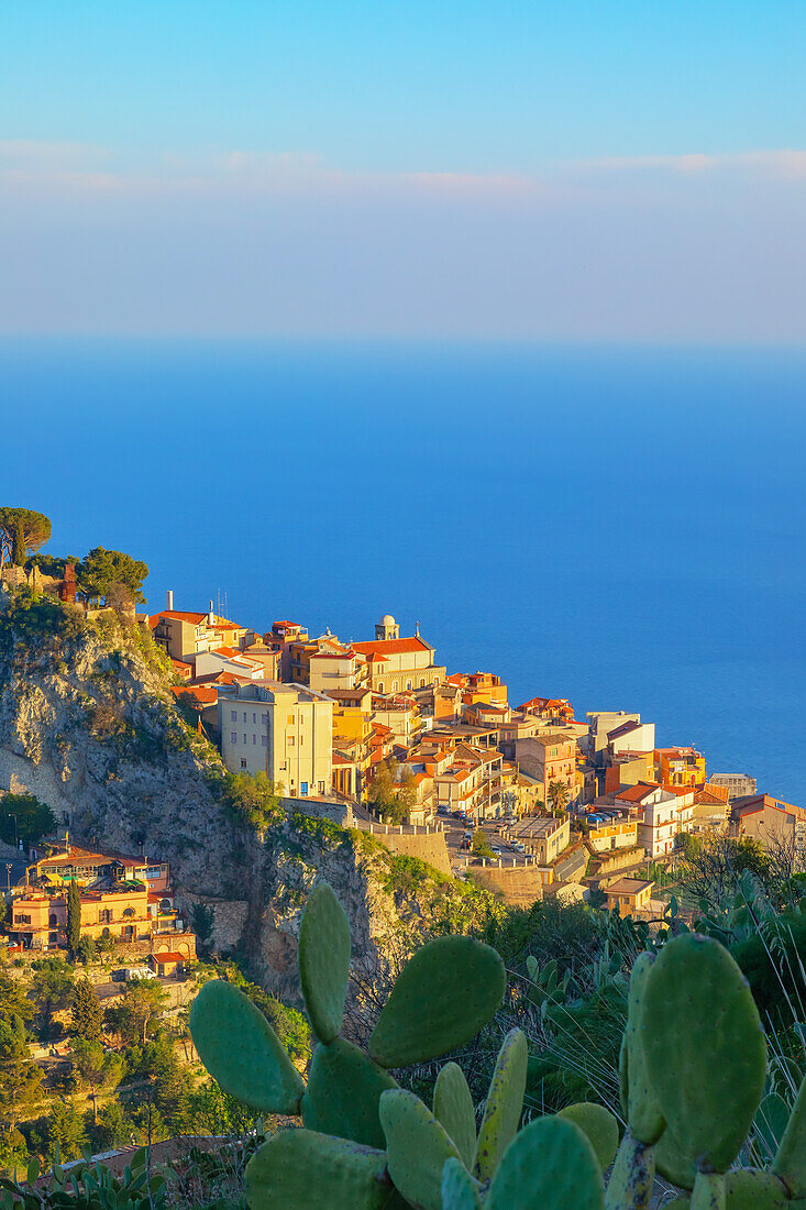 Castelmola village, high angle view, Castelmola, Taormina, Sicily, Italy