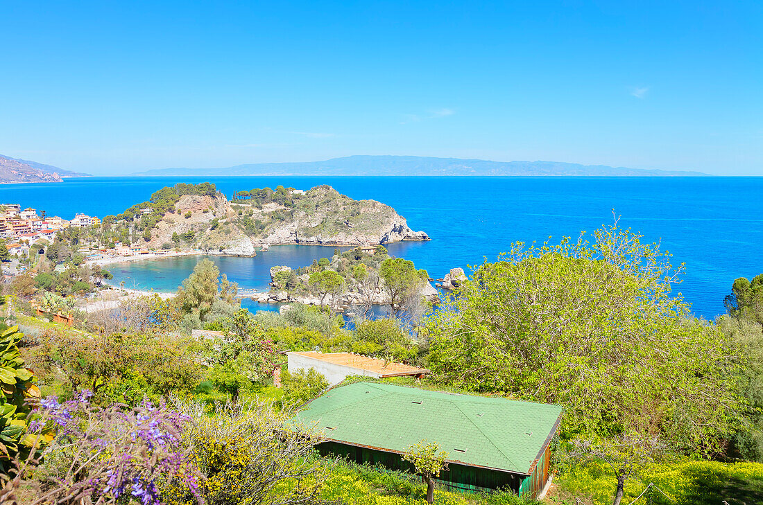  Naturschutzgebiet Isola Bella, erhöhte Ansicht, Taormina, Sizilien, Italien 