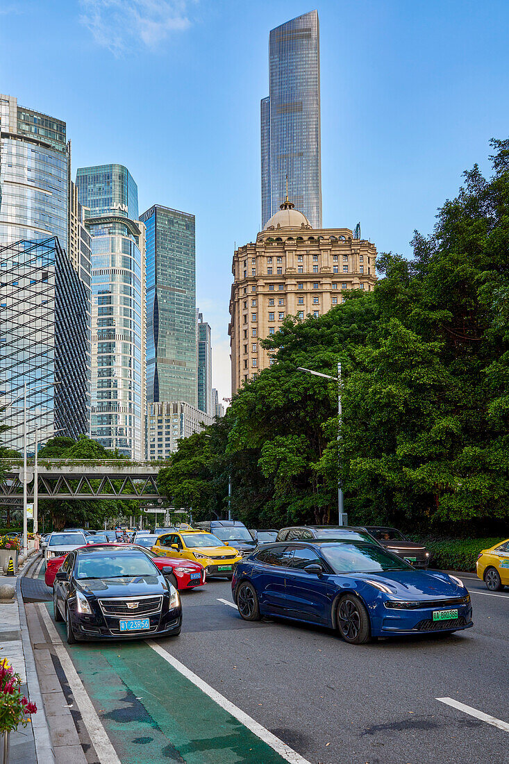 A street scene in Zhujiang New Town, a central business district in Tianhe District, Guangzhou city, Guangdong province, China.