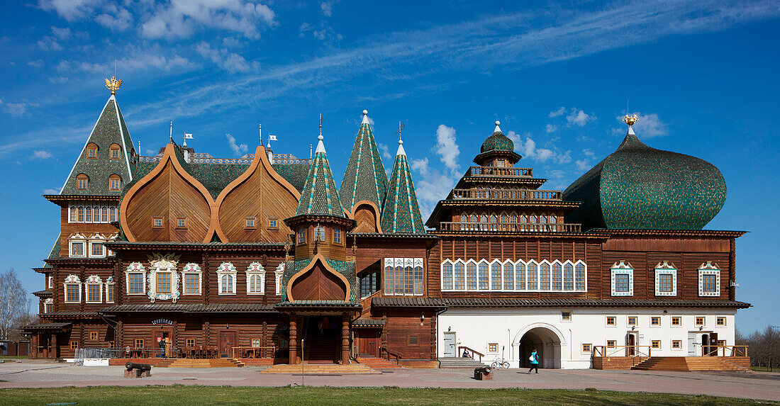 Panoramic view of the Wooden Palace of Tsar Alexei Mikhailovich in Kolomenskoye Museum Reserve. Moscow, Russia.