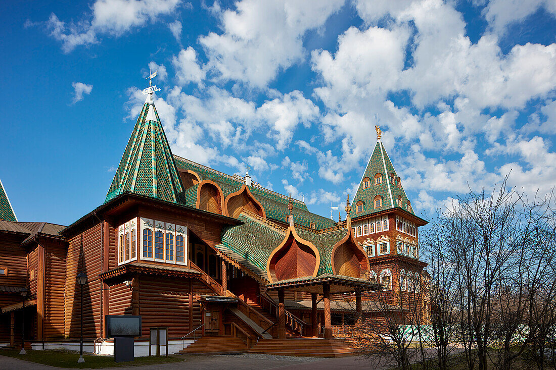 Exterior view of the Wooden Palace of Tsar Alexei Mikhailovich in Kolomenskoye Museum Reserve. Moscow, Russia.