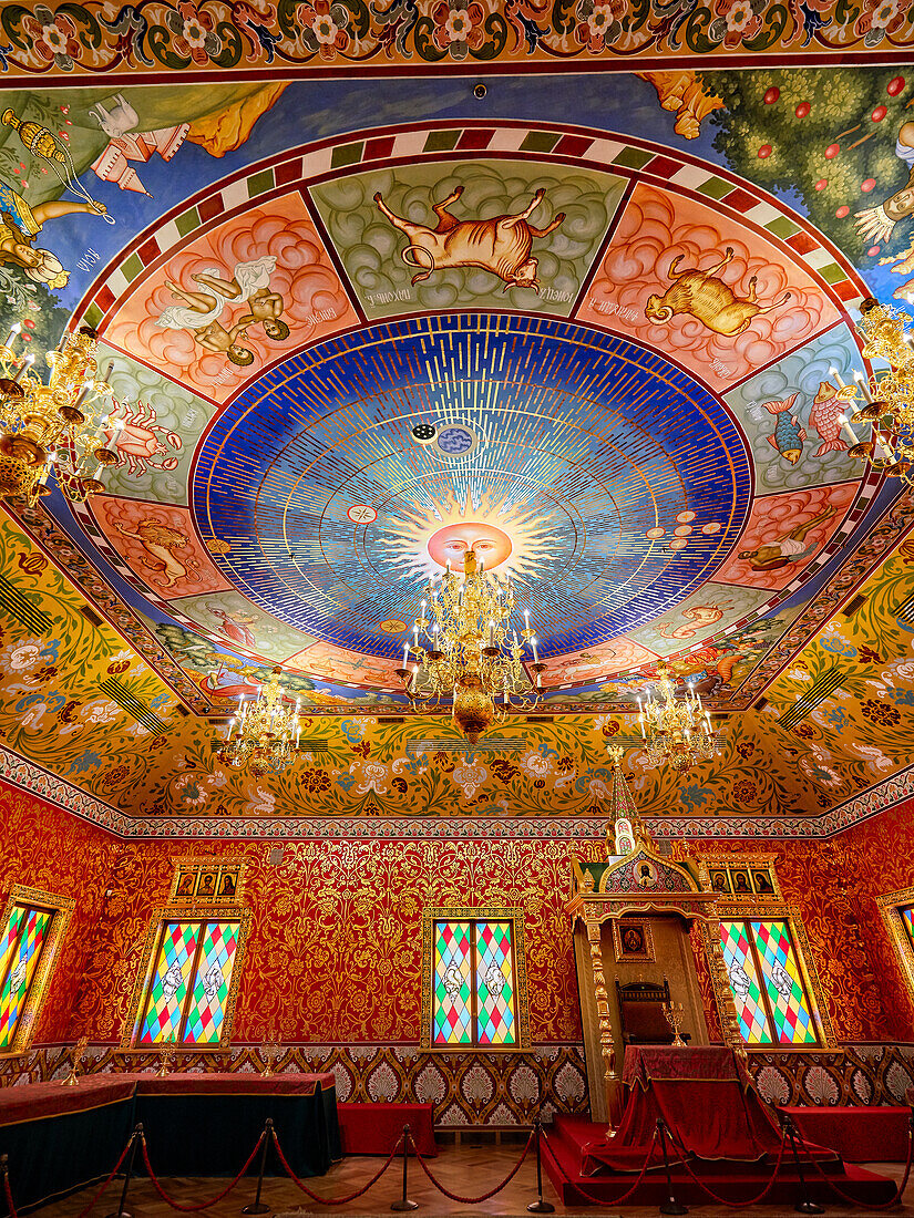 Colorful mural on the ceiling in the dining hall of the Wooden Palace of Tsar Alexei Mikhailovich. Kolomenskoye Museum Reserve, Moscow, Russia.