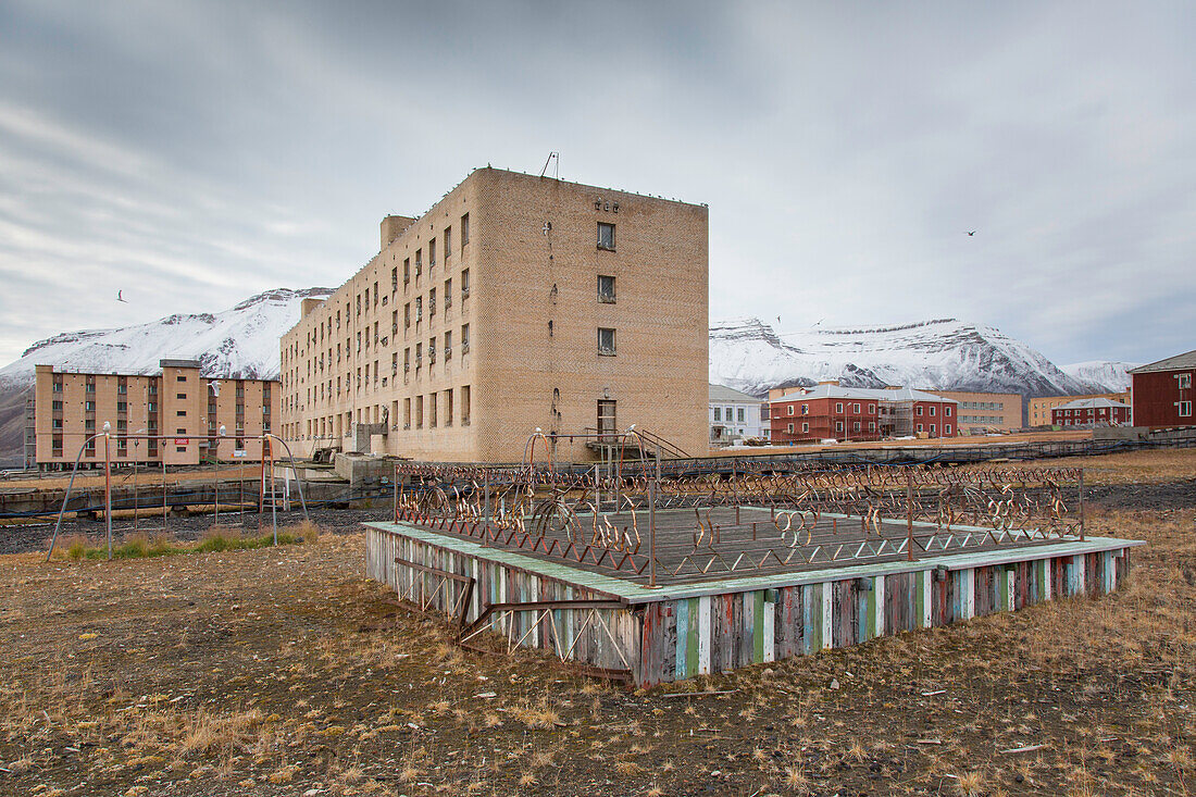  View of the abandoned Russian village of Pyramiden, Svalbard, Spitsbergen, Norway 