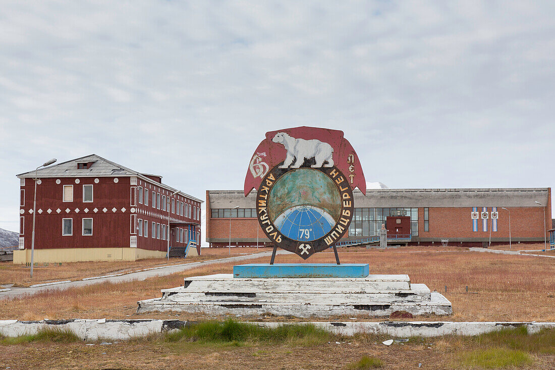  View of the abandoned Russian village of Pyramiden, Svalbard, Spitsbergen, Norway 