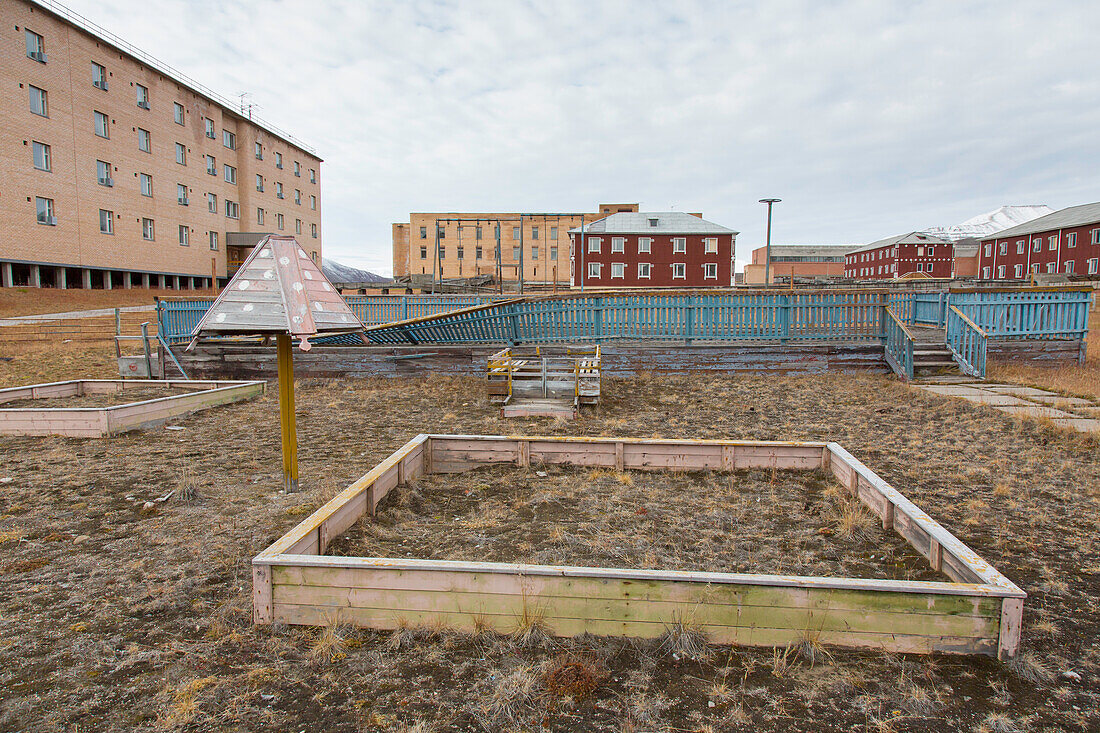  Playground in the abandoned Russian town of Pyramiden, Svalbard, Spitsbergen, Norway 