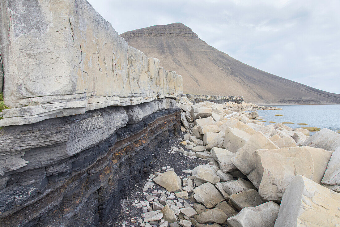  Rock formations on the coast near Boltodden, Kvalvagen, Spitsbergen, Norway 