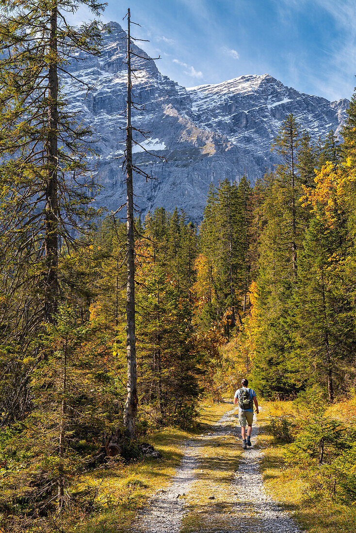 Wanderer im Herbst im Karwendel, Hinterriß, Karwendel, Tirol, Österreich, Europa