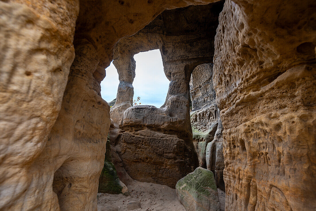  Klusfelsen, man-made cave, served as a hermitage, sandstone formation, Halberstadt, Saxony-Anhalt, Germany 