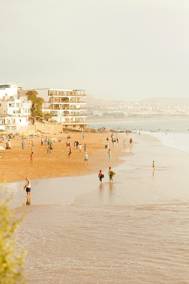  Beach of the popular tourist destination Taghazout in Morocco. 