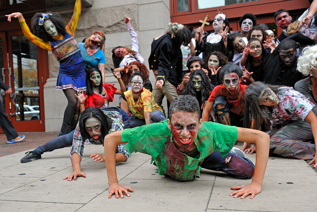 young people taking part in Halloween flashmob, Market Street, Philadelphia, Commonwealth  of Pennsylvania,Northeastern  United States,