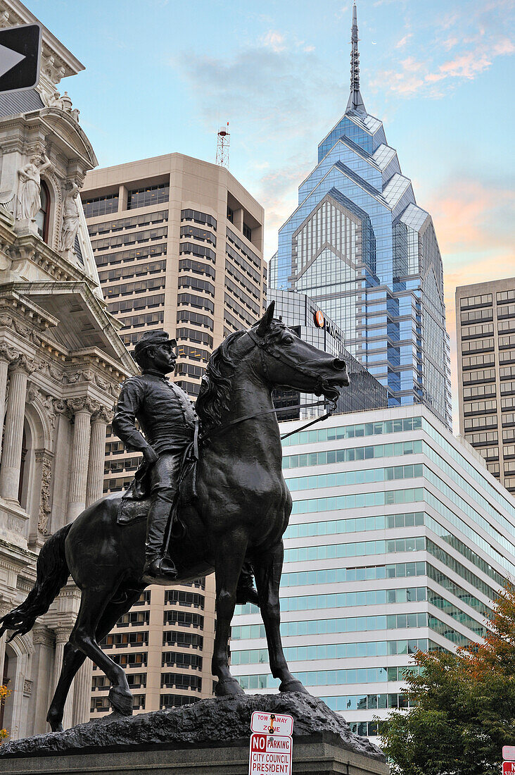 equestrian statue of General George B.McClellan (sculptor Henry Jackson Ellicott) beside the City Hall on JFK Boulevard,Philadelphia, Commonwealth  of Pennsylvania,Northeastern  United States,