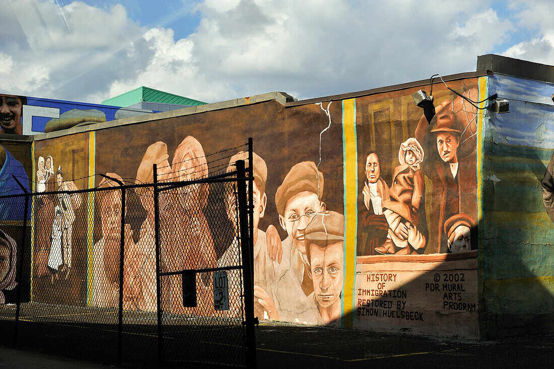 "History of Immigration", restored Mural by Simon Huelsbeck, Callowhill and 2nd streets, Philadelphia, Commonwealth  of Pennsylvania,Northeastern  United States,