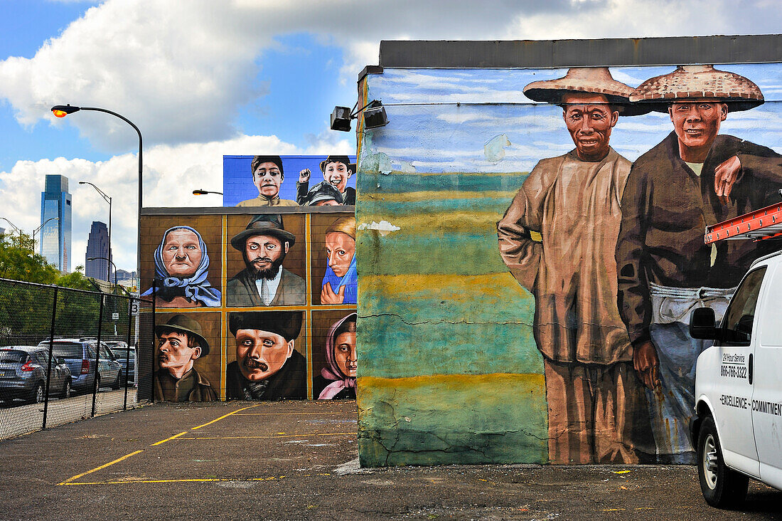 "History of Immigration", restored Mural by Simon Huelsbeck, Callowhill and 2nd streets, Philadelphia, Commonwealth  of Pennsylvania,Northeastern  United States,