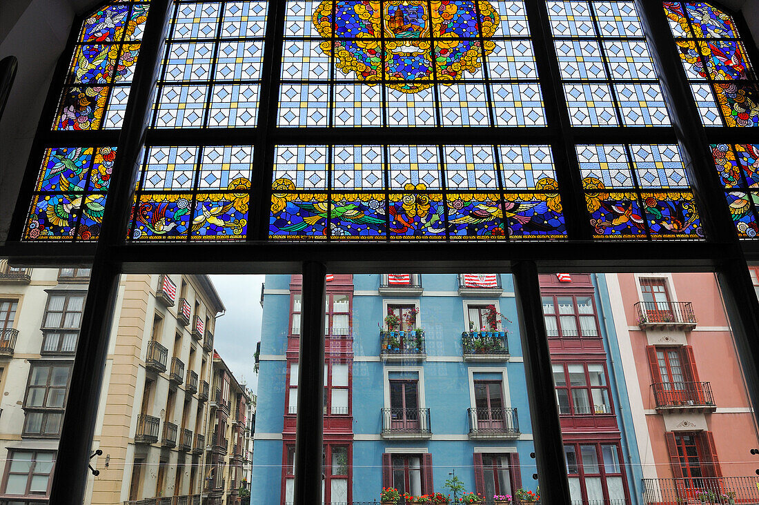 stained glass window of market hall of La Ribera, Erribera street, Casco Viejo, Bilbao, province of Biscay, Basque Country, Spain,Europe